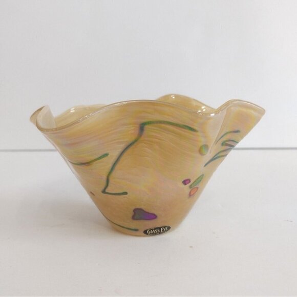Glass Eye Studio Ruffled Edge Blown Glass Bowl Irridescent Golden Abstract - Picture 1 of 10
